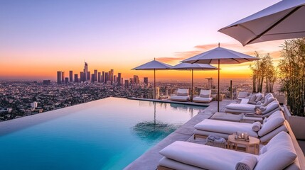 Fototapeta premium Luxurious rooftop pool with plush sun loungers, elegant umbrellas, and breathtaking city views at sunset, creating a serene and upscale atmosphere.