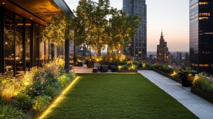 Obraz premium Luxury rooftop garden with a mix of trees, lush grass, and soft lighting, creating a serene atmosphere above the city.