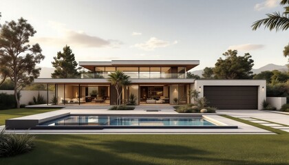 Fototapeta premium Modern Luxury Home Design with Pool and Sunset Views