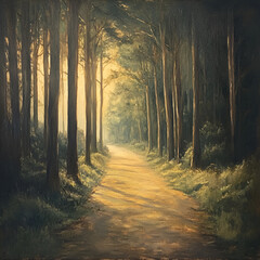 Fototapeta premium Sunlit Path: A scenic view of a path winding through a lush, sun-dappled forest, evoking a sense of tranquility and exploration.