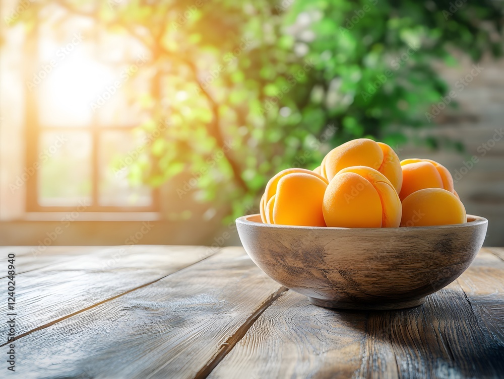 Wall mural Sunlit Apricots in Wooden Bowl on Rustic Table