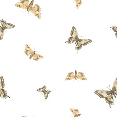 Fototapeta premium Brown and beige butterflies in vintage style on a isolated background, seamless pattern. Watercolor illustration. For fabric,textiles, wallpaper, wrapping paper, wrappers, covers, prints, clothing.