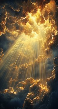 Golden light rays bursting through dark clouds.