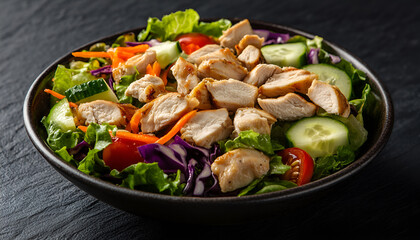 Healthy salad with chicken, tomatoes, cucumber, lettuce, carrot, celery, red cabbage and mung bean on dark background. Proper nutrition. Dietary menu. Flat lay. Top view