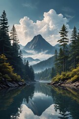 painting of a mountain scene with a lake and trees