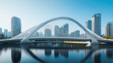 Obraz premium modern artistic bridge design connecting two futuristic buildings over calm waterway, showcasing sleek architecture and urban landscape