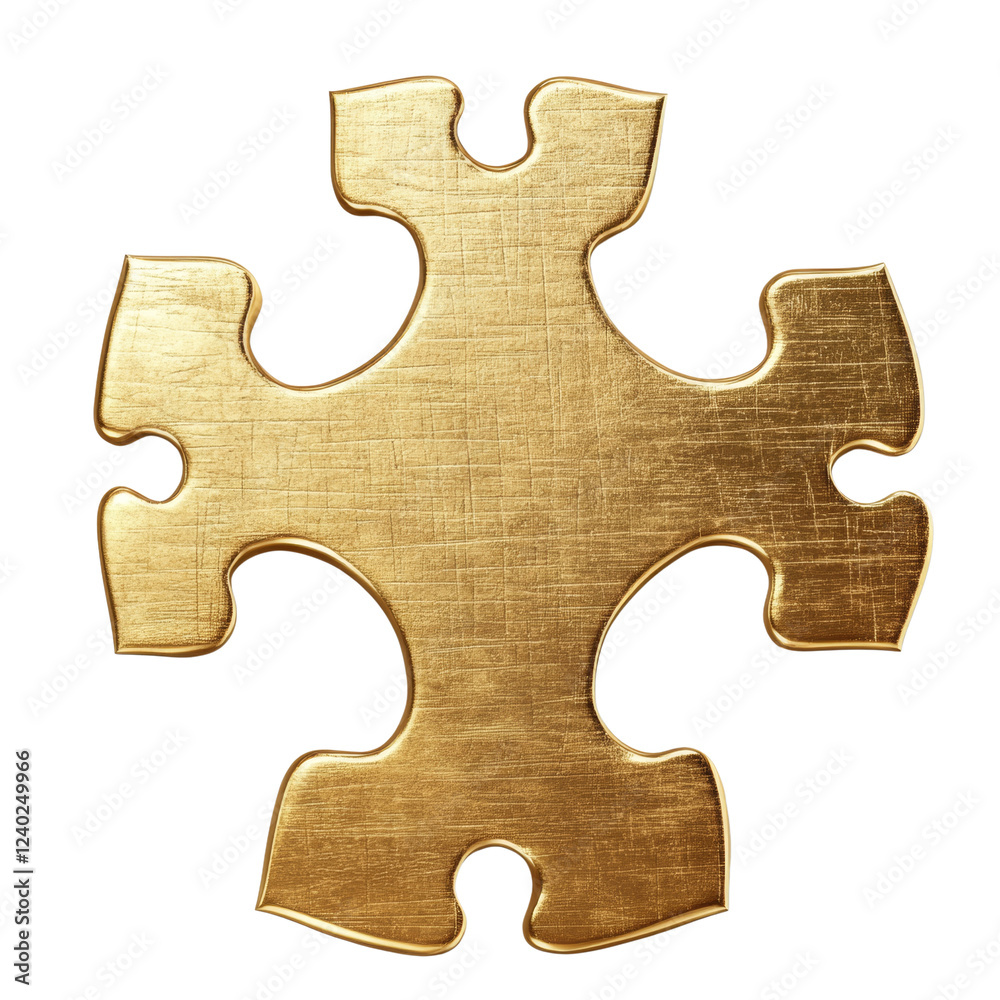 Poster A detailed 3D rendering of a golden cross-shaped puzzle piece with a textured surface.