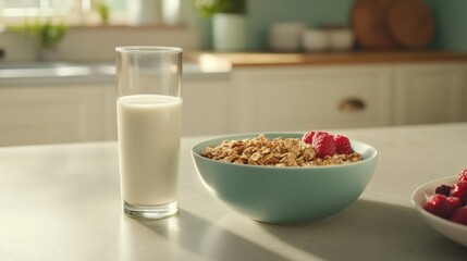 Cozy Kitchen with Milk and Granola Bowl