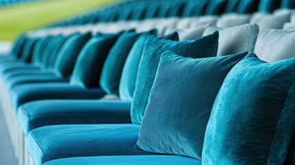 Obraz premium Teal Velvet Cushions in a Row: Luxurious Seating Arrangement
