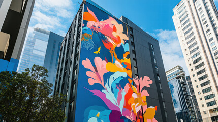 Artistic mural on modern building in urban setting, featuring vibrant colors and abstract designs that enhance cityscape. mural adds lively touch to architecture