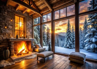 Fototapeta premium Ignite winter warmth: double exposure fireplace mirroring a snowy scene, cozy cabin charm.