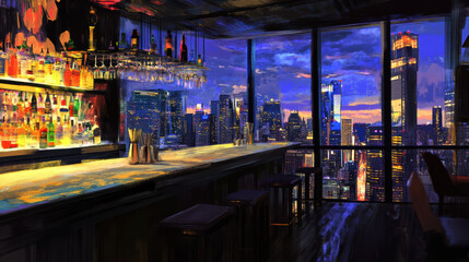 Obraz premium vibrant rooftop bar with stunning city views at sunset, featuring well stocked bar and modern decor. atmosphere is lively and inviting, perfect for socializing