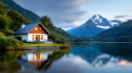 Fototapeta premium Elegant dream home by a crystal-clear lake mountain view real estate serene environment tranquil scene nature's beauty