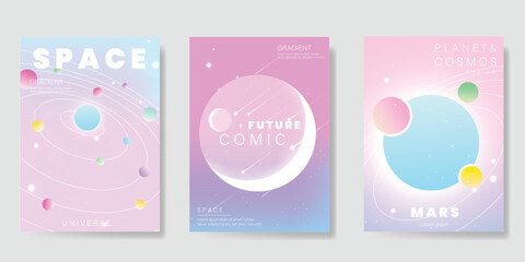 Planet and galaxy Space card vector set. Solar system with galaxy planets, asteroids, jupiter, saturn, mars, moon, ring line solar. Cosmic design for flyer, brochure, background, poster, cover.