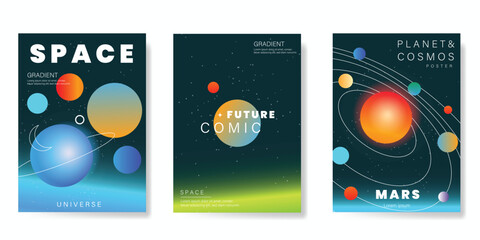 Planet and galaxy Space card vector set. Solar system with galaxy planets, asteroids, jupiter, saturn, mars, moon, ring line solar. Cosmic design for flyer, brochure, background, poster, cover. © babeer