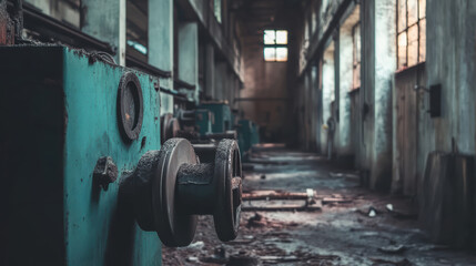 Abandoned factory interior with broken machinery and darkened hallways, evoking sense of decay and neglect. atmosphere is eerie and haunting, showcasing remnants of industrial life