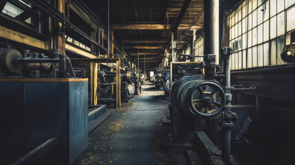 Fototapeta premium Creepy factory interior with broken machinery, darkened hallways, and eerie atmosphere. abandoned space evokes sense of neglect and mystery