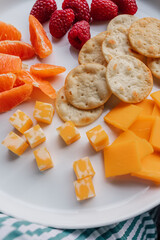 cheddar, colby jack, crackers, raspberries, orange segments on white plate