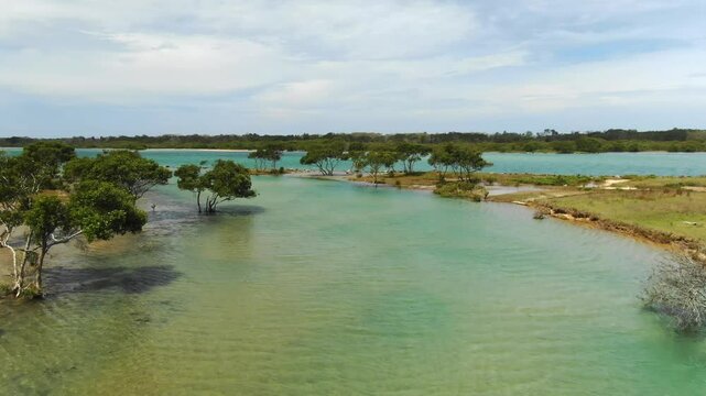 Bellinger River flowing through lush greenery, Urunga, New South Wales, Australia. Aerial forward, low flight