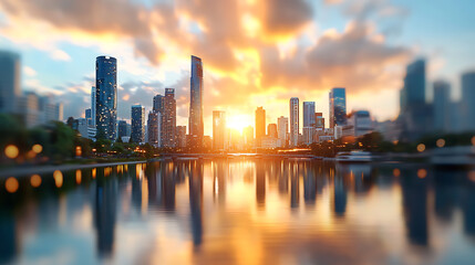Obraz premium Dreamlike intelligent city on water at sunset urban landscape serene environment reflective viewpoint futuristic concept