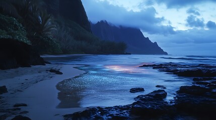 Serene twilight beach scene, tranquil rocky shoreline under moody clouds reflecting on calm waters, perfect for relaxation themes.