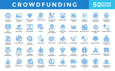 Crowdfunding icons set with payment processing, credit card support, cryptocurrency support, partial funding, all or nothing funding, early bird offer icon. Simple retro vector 
