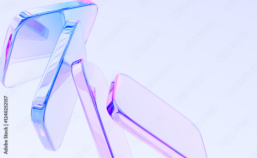 Poster 3d glass holographic transparent square plate shapes on pastel macro background. Abstract geometric blocks with rainbow color gradient, dispersion light render. Digital tech banner. 3D illustration