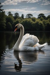 there is a white swan swimming in the water with trees in the background