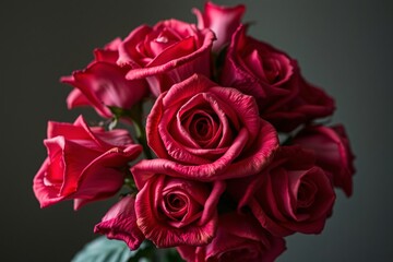 Naklejka premium A close-up view of vibrant red roses arranged in an elegant bouquet, offering a sense of romance, passion, and natural beauty