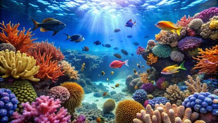 Vibrant Coral Reef with Colorful Fish in Clear Blue Water