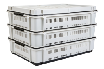 Stack of three white plastic storage crates isolated with transparent background