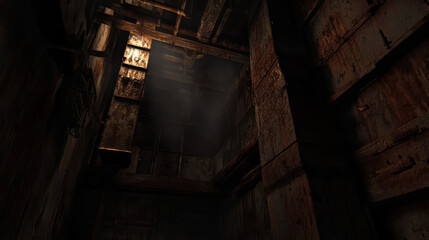 Creepy old factory with rusted beams and darkened corners, evoking sense of abandonment and decay. dim lighting enhances eerie atmosphere of space