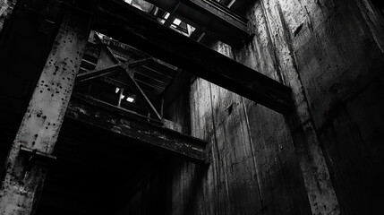 Creepy old factory with rusted beams and darkened corners, evoking sense of abandonment and decay. interplay of light and shadow enhances eerie atmosphere