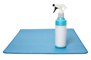 Blue yoga mat with spray bottle isolated with transparent background