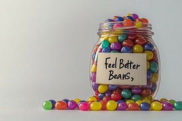 A miniature jar filled with multicolored jellybeans and a handwritten label that says "Feel Better Beans," sitting on a soft white background.