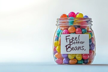 A miniature jar filled with multicolored jellybeans and a handwritten label that says "Feel Better Beans," sitting on a soft white background.