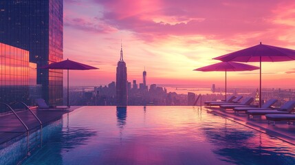 Fototapeta premium Sunset over a rooftop pool with chic lounge chairs, designer umbrellas, and a mesmerizing cityscape, perfect for a tranquil getaway.