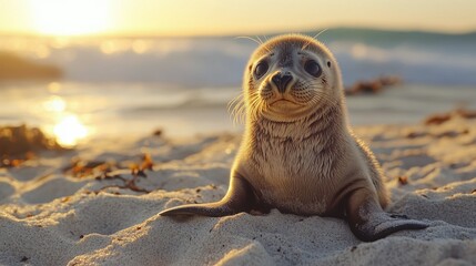 Cute seal pup relaxing on sandy beach at sunset by the ocean