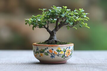 A miniature bonsai tree with a handcrafted ceramic pot painted with cheerful floral designs, set on a clean wooden surface.