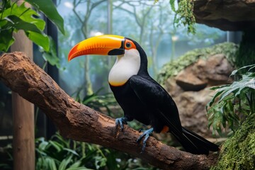 Obraz premium Colorful toucan perched on a branch in a vibrant nature habitat during daylight