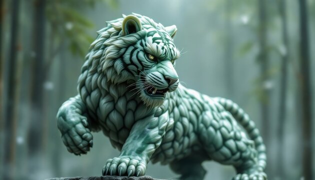 Jade White Tiger Statue 3d Render Mystical Forest