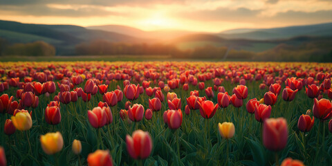 Beautiful spring natural landscape and field of Tulips in the grass ountryside. Untouched winter landscap
