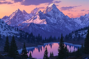 A majestic snow-capped mountain range at twilight, with a serene alpine lake reflecting the warm hues of the setting sun and scattered pine trees in the foreground.