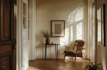 Sunny hallway, vintage chair, art, wood floor, interior design