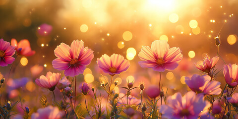 Colorful flower cosmos meadow with sunbeams and bokeh lights banner wildflowers