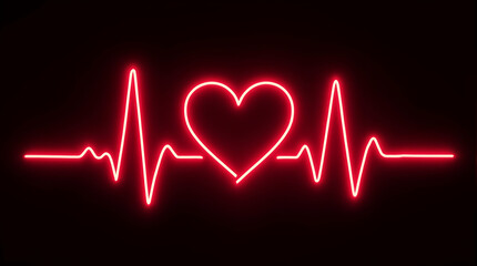 Glowing Red Neon Heartbeat Line Transforming into a Heart Shape on a Black Background Perfect for Health, Love-Themed or Modern Neon Designs and Projects