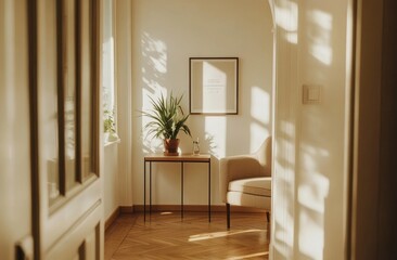 Sunny hallway, armchair, plant, artwork, peaceful home interior design