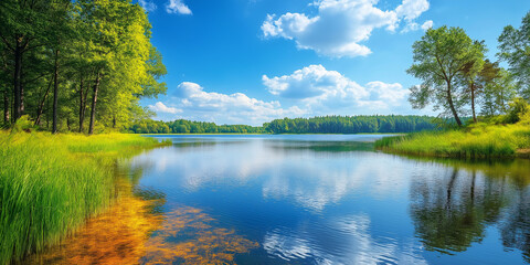 Fototapeta premium Colorful summer view of lake, Mountain Background