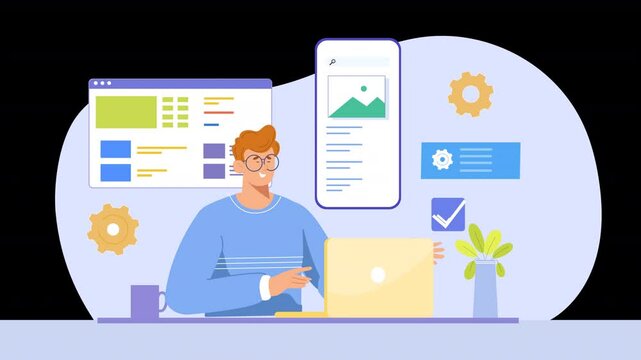 Flat character design animation focusing on the app development process, showcasing characters brainstorming, coding, and testing mobile apps.