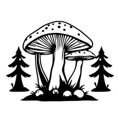 Majestic Mushrooms in the Forest: A Black and White Botanical Illustration